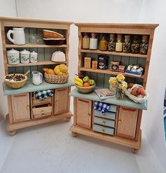 two wooden shelves filled with different types of food