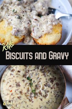 biscuits and gravy on a plate with a fork