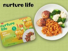 a white plate topped with pasta and broccoli next to a package of nurture life