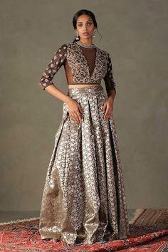 Buy Brown Blouse- 100% Silk Embroidered Rudraksh And Pleated Skirt Set For Women by RI.Ritu Kumar Online at Aza Fashions. Day Wedding Outfit, Dori Embroidery, Pleated Skirt Set, Indian Women Fashion, Cutout Blouse, Ritu Kumar, Stitching Dresses, Brown Blouse