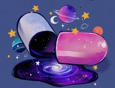 an illustration of a pink pill with planets and stars around it