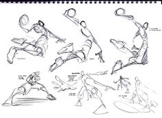 some sketches of people doing different things in the same direction, and one is holding a tennis racquet