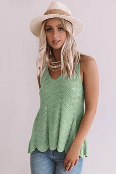 Green Flowy Scalloped Hemline Knit Tank Top Green Crochet Top With Pointelle Knit, Green Open Knit V-neck Top, Solid Color Knit Top For Spring, Spring Solid Color Knit Top, Summer Green V-neck Sweater, Spring Knitted Top, Green Cable Knit Tops For Spring, Sleeveless Cable Knit Summer Tops, Sleeveless Cable Knit Tops For Summer