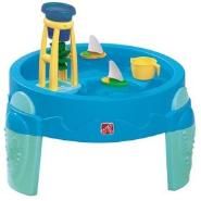 a blue plastic table with toys on it and water in the middle for children to play