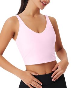 PRICES MAY VARY. ♥MATERIAL of Womens Sports Bras: 80% Nylon,20% Spandex. The Workout Tops Sport Bra is soft, 4-way high-stretch fabric, of moderate thickness and breathable, skin-friendly, lightweight, quick dry, double-sided, Moisture-wicking and on-trend athletic. Workout tank top keeps cool by air circulate, maintains shape and color after wash and activewear. There’s enough underarm room of the elastic crop top for exercise. This long line supportive bra top has a skin-like fit, feels like n Pink Sports Top, Cute Workout Fits, Cheer Fits, Longline Bras, Gym Tops Women, Yoga Workout Clothes, Gym Crop Top, Athletic Tops, Barbie Halloween