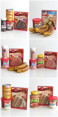 several pictures of bananas, peanut butter, and other food items on a white surface