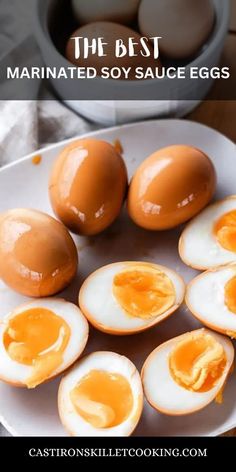 hard boiled eggs on a white plate with the words best marinated soy sauce eggs