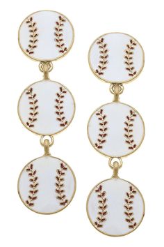 Baseball Triple Drop Enamel Earrings in White & Red Sporty Jewelry For Baseball Season Game Day, Sporty Jewelry For Baseball Game Day, Sporty Jewelry For Baseball Season, Sporty White Jewelry For Game Day, Sporty Red Jewelry For Game Day, Team Mom, Baseball Fan, Fan Gear, Enamel Earrings