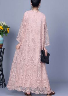 Elegant Pink Embroidered Hollow Out Lace Long Dress SpringFabric: LaceSize & Fit: Fit: This garment fits true to size.Length: Size XL measures 47.19"from shoulder to hemBust: Great for any cup size. Waist: Loose Fit. Comfortable room throughout midsection.Hip: Loose Fit - room for hips. Hand Wash Cold. Pink Long Sleeve Dress With Chikankari Embroidery, V-neck Chikankari Embroidered Maxi Dress, Long Spring Dress With Chikankari Embroidery, Long Denim Dress, Lace Long Dress, Long Linen Dress, Leather Rivets, Half Sleeve Dresses, Spring Fabric