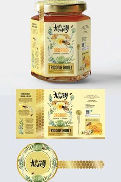 the packaging design for honey is shown in yellow and green colors, with bees on it