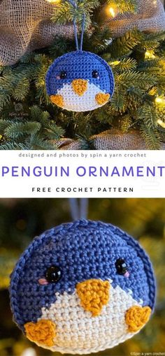 a crocheted penguin ornament hanging from a christmas tree