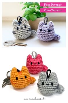 three crocheted key fobs sitting next to each other