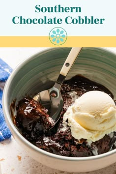 a bowl filled with chocolate cobbler and ice cream