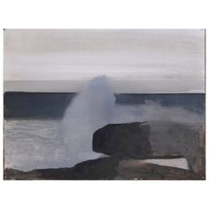 an abstract painting with waves crashing on the rocks in front of the ocean and gray sky