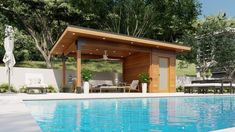 a pool with a covered patio next to it