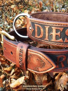 two leather belts with the word diesel on them sitting in some dry grass and leaves