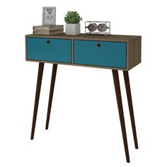 a blue and brown table with two drawers