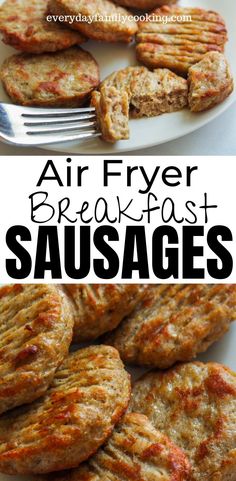 air fryer breakfast sausages on a plate with a fork