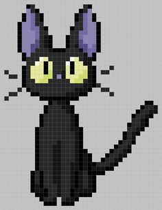 a pixel art black cat with yellow eyes