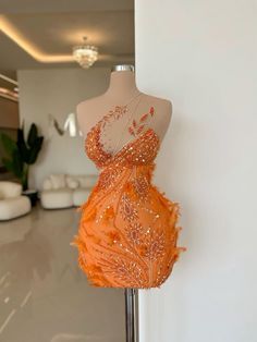 Fancy Pink Dress Short, Pearl Dresses Short, Orange Feather Dress, Minna Fashion Short Dress, Short Rhinestone Dress, Orange Birthday Dress Black Women, 21st Dress Ideas, Short Couture Dresses, Pink Met Gala Dresses