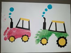 two tractors painted on white paper with blue bubbles