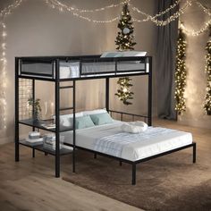 a bunk bed is shown with lights on the wall