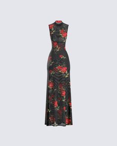 Radiate charm and confidence in this captivating rose print maxi dress 🌹With its striking floral design and flattering silhouette, you'll effortlessly turn heads wherever you go. Made from a mesh fabric, and complete with a mock neck ✨ Leave little to the imagination -- dress is sheer & undergarments are not included 👀 The print is randomly placed so each garment will be uniquely different! Black Flower Dress Outfit, Black Rose Dress, Roses Outfit, Rose Floral Dress, Floral Black Dress, Dress With Roses, Unique Fashion Outfits, Обувь Air Jordan, Mesh Dresses