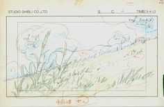 a drawing of grass and clouds on a piece of paper with writing in the middle