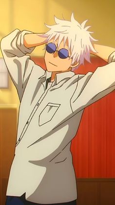 an anime character with white hair and sunglasses on holding his hands behind his head while standing in front of a red curtain