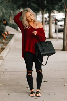 Blondie in the City | Burgundy Off The Shoulder Sweater | Black Saint Laurent Bag Off The Shoulder Sweater, Outfit Trends, Red Sweater, Black Women Fashion, Looks Style, Fall Winter Fashion, Fall Style, My Dream Closet