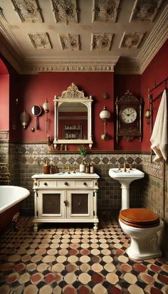 a bathroom with a toilet, sink, mirror and bathtub in it's center