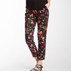 Fully Lined Silk Blend Floral Trousers, Pockets Zip And Button Closure, Beautiful Pants Free Shipping 100+ Free Gift 150+ Fitted Casual Rayon Pants, Fitted Rayon Casual Pants, Casual Pants For Date Night In Spring, Fitted Rayon Bottoms Casual Style, Chic Rayon Bottoms For Spring Night Out, Spring Rayon Bottoms For Night Out, Spring Night Out Bottoms In Rayon, Casual Black Rayon Pants, Black Rayon Casual Pants