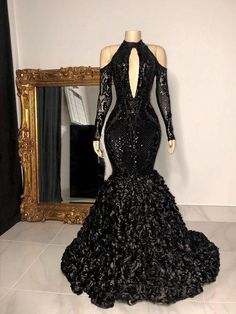 Black Long Prom Dresses, Black Sequin Prom Dress, Black Mermaid Prom Dress, Flower Prom Dress, Halter Evening Dress, Prom Dresses Formal, Black Prom Dress