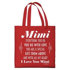 Let your Mimi know how much you appreciate her with a sentimental small canvas tote bag that make excellent mimi gifts for grandma, Mother's Day gifts for mimi, a mimi birthday gift, and much more. This 100% cotton canvas tote bag features handles with reinforced stitching for improved strength. This heavy duty cotton tote bag measures 15.75" high by 15.25" wide and features 21.5" long handles. The pictured design is printed on one side of the small tote bag using a fade-resistant direct to garm Black Canvas Tote Bag, Grammy Gift, Granny Gifts, Felt Tote Bag, Utility Tote Bag, Grandpa Birthday Gifts, Mimi Gift, Felt Tote, Mesh Tote Bag