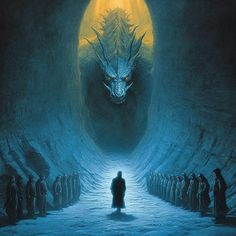 a group of people standing in front of a dragon tunnel with the light at the end