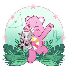 a pink bear holding a baby cat in its arms