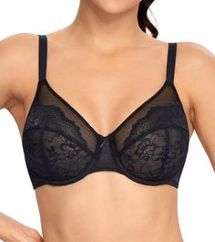 a woman wearing a black bra with lace on the bottom and underwiret,