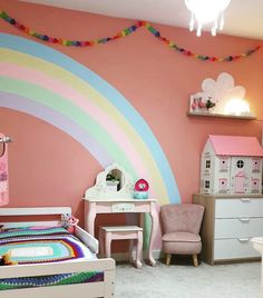 a child's bedroom decorated in pastel colors