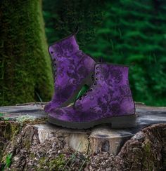 Purple Victorian Pattern Vegan Leather Custom Boots, Gothic Gifts for Girlfriend Casual Shoes *All of our Men's and Women's Faux Leather Boots are custom-made-to-order and handcrafted to the highest quality standards. Our unique designs are second to none. When is the last time you walked into a shoe store and found affordable boots in so many different, phenomenal designs. When you're wearing these boots the complements won't stop. Our boots complement your personality... find the design that s Purple Boots, Victorian Pattern, Boots Combat, Gothic Gifts, Gifts For Girlfriend, Custom Boots, Faux Leather Boots, Old Fashion, Lace Fashion