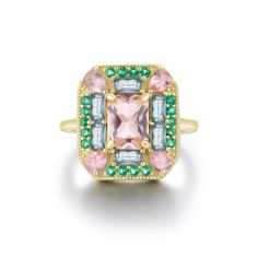 Vivian Grace Jewelry Ring Emerald Morganite Mosaic Cocktail Ring Luxury Diamond Ring With Rectangular Gemstone, Luxury Rings With Rectangular Gemstone Accents, Luxury Multicolor Emerald Cut Rings, Gemstone Emerald Cut Ring, Gemstone Cut Ring, Luxury Art Deco Rectangular Rings, Luxury Vintage Gemstone Rings, Rectangle Cocktail Ring, Art Deco Cocktail