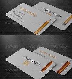 two business cards with pen and pencil on them, both in white and gold colors