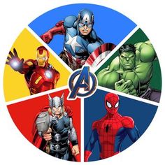 the avengerss are depicted in a circle with four different colors and logos on it