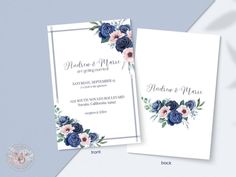 two wedding cards with blue and pink flowers on them