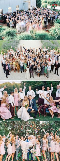 the wedding party is posing for pictures in front of an outdoor area with many people