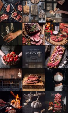 a series of photographs with food and wine on the table, including steaks, tomatoes,