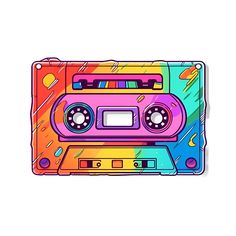 an old school cassette sticker with the colors of rainbows and blue, pink, yellow