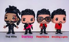 three action figures are posed in front of a white background with the words starboy heartless blinding lights