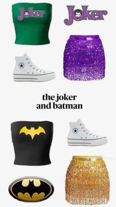 the joker and batman costumes are featured in this poster, which features different types of shoes