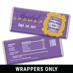 two purple candy bars with the words, bride and groom on them in gold frames