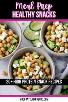 three bowls filled with chickpeas, cucumber and feta cheese on top